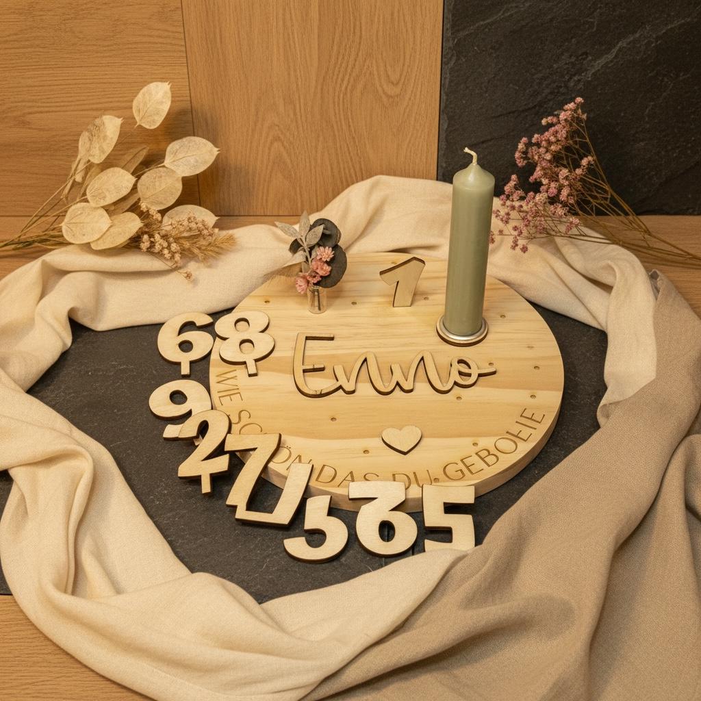 Geburtstagsteller Holz personalisiert mit Name, Steckzahlen 1-9 und Kerze in Wunschfarbe, DasGlueckswerk, Geburtstag, Centerpieces, Holz, wachs