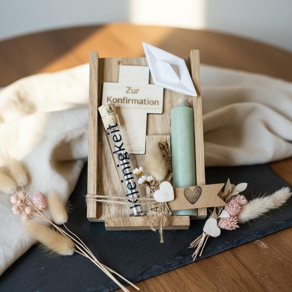 Konfirmationsgeschenk mit Kreuz und Kerze, personalisierte Gravur, Reagenzglas für Geldgeschenk, DasGlueckswerk, Geburt & Baby, Greeting Cards, holz, raysin, wachs