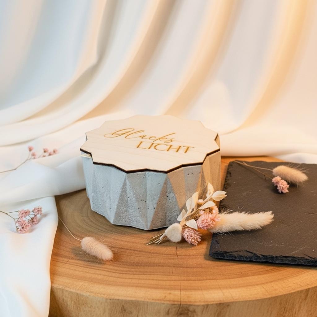 Betonkerze Glückslicht, handgegossen aus Möbelbeton und Sojawachs, Geschenk Hochzeit Geburtstag Jahrestag