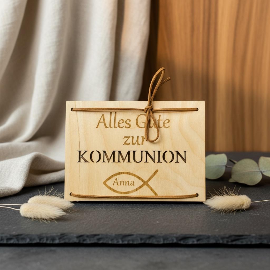 Geschenkkarte Holz für Geldgeschenk zur Kommunion, individuelle Gravur mit Lederband, DasGlueckswerk, Geburt & Baby, Greeting Cards, holz, leder