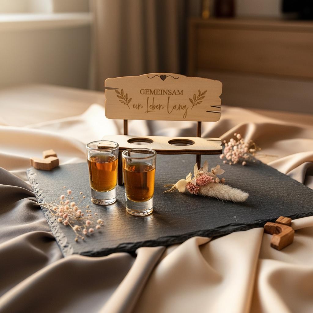 Holzbank Hochzeit Paargeschenk, Gravur Hand in Hand ein Leben lang, mit Schnapsgläsern, DasGlueckswerk, Dekoration, Figurines & Knick Knacks, holz, Glas