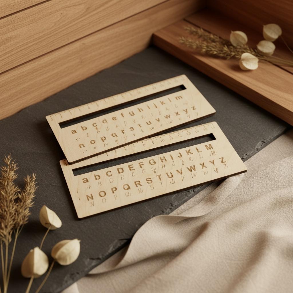 Lesehilfe Holz mit ABC Lineal, Gravur Groß und Kleinbuchstaben, Geschenk Schulanfang, DasGlueckswerk, Dekoration, Learning & School, Holz