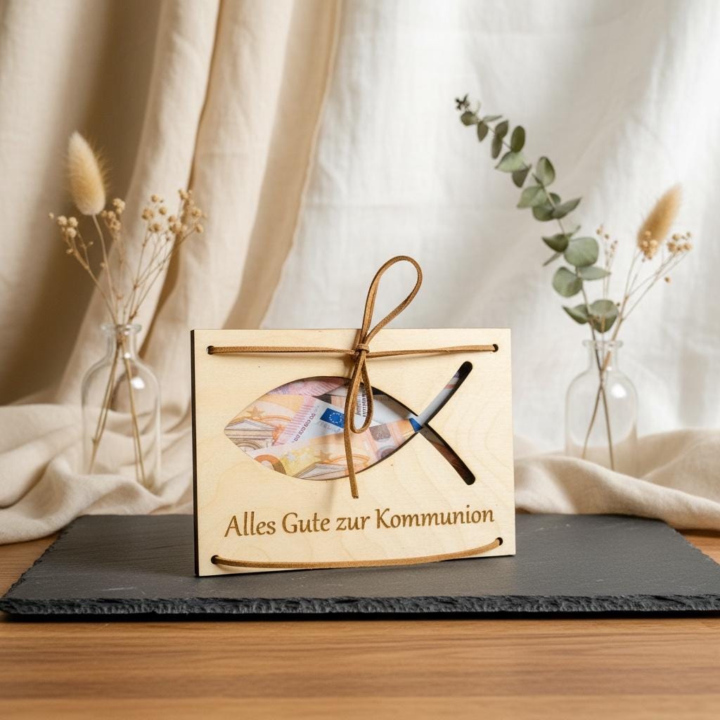 Geldgeschenk Karte zur Kommunion aus Holz, individualisiert mit Lederband, Gravur Name Datum, DasGlueckswerk, Dekoration, Greeting Cards, holz, leder