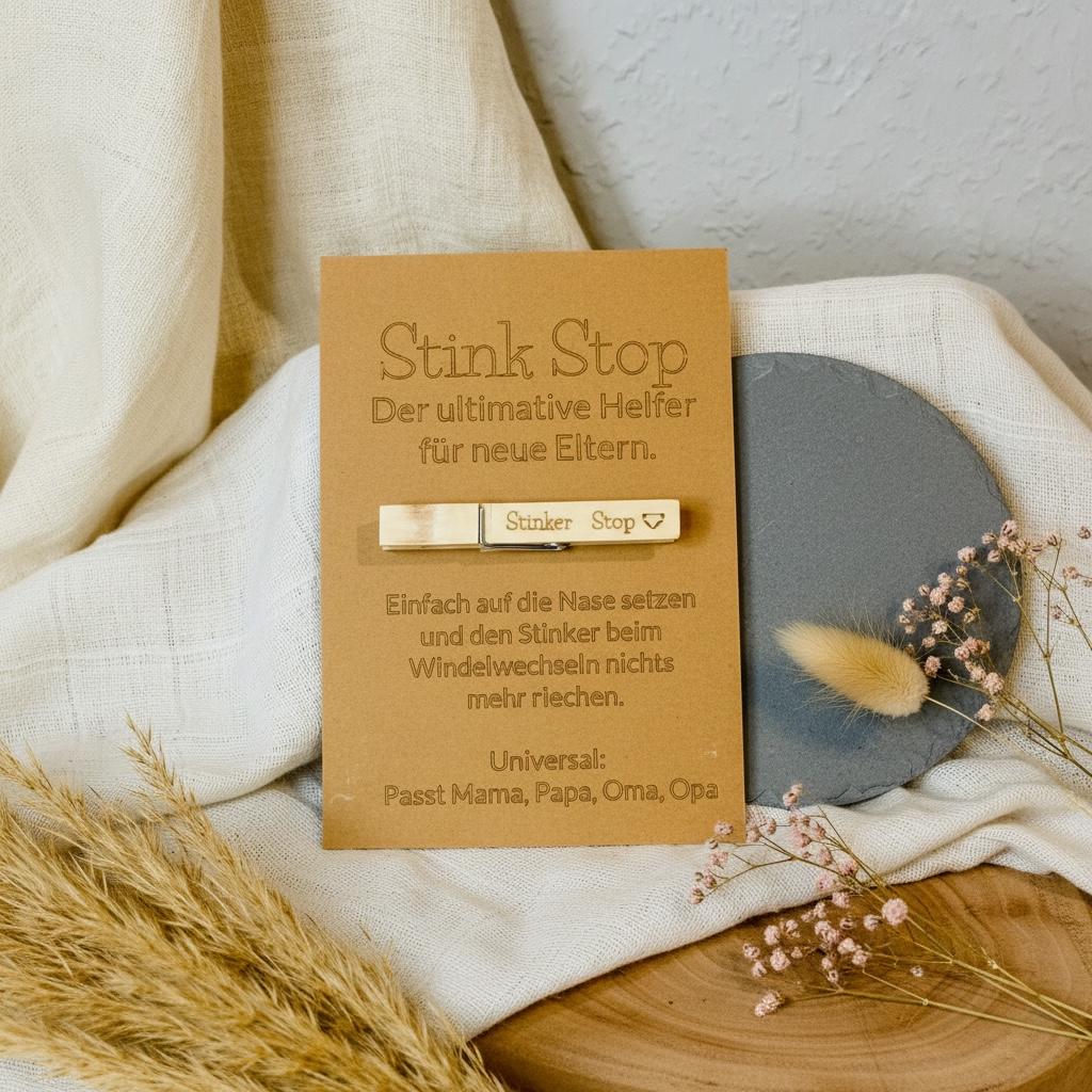 Stinker Stopp Wäscheklammer Geschenk Geburt, Kraftpapier oder weiße Karte, Mama Papa Oma Opa, DasGlueckswerk, Geburt & Baby, Greeting Cards, holz, kraftpapier, wäscheklammer