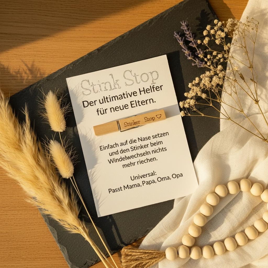 Stink Stop Wäscheklammer weiß, humorvolles Geschenk zur Geburt, Windelwechsel Gag für Eltern, DasGlueckswerk, Geburt & Baby, Greeting Cards, holz, kraftpapier, wäscheklammer