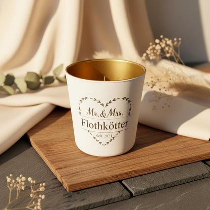 Kerzenglas Mr Mrs personalisiert, weiß Gold mit Namen und Datum, Hochzeitsgeschenk, DasGlueckswerk, Hochzeit & Liebe, Candlestick Holders, glas, Goldlack innen, Gravur
