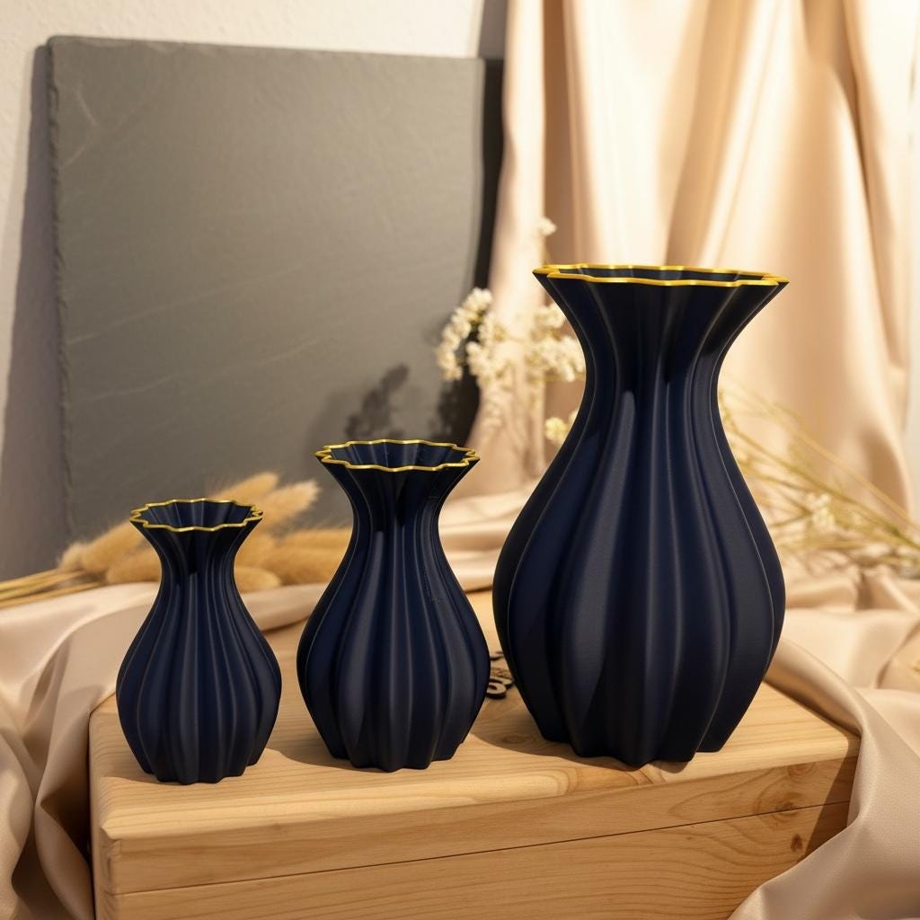 3D Vase Mary mit Goldrand, Waben Design, innen versiegelt, Blau oder Creme, DasGlueckswerk, Hochzeit & Liebe, Vases, pla