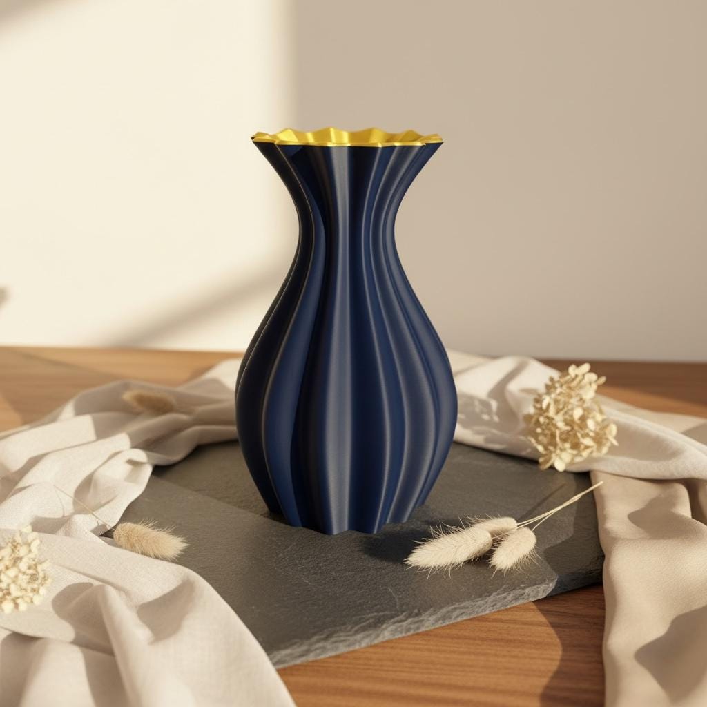3D Vase "Mary" mit Goldrand – moderne Luxus Deko Vase wasserdicht in Blau oder Creme, Waben Design, stilvolle Geschenkidee