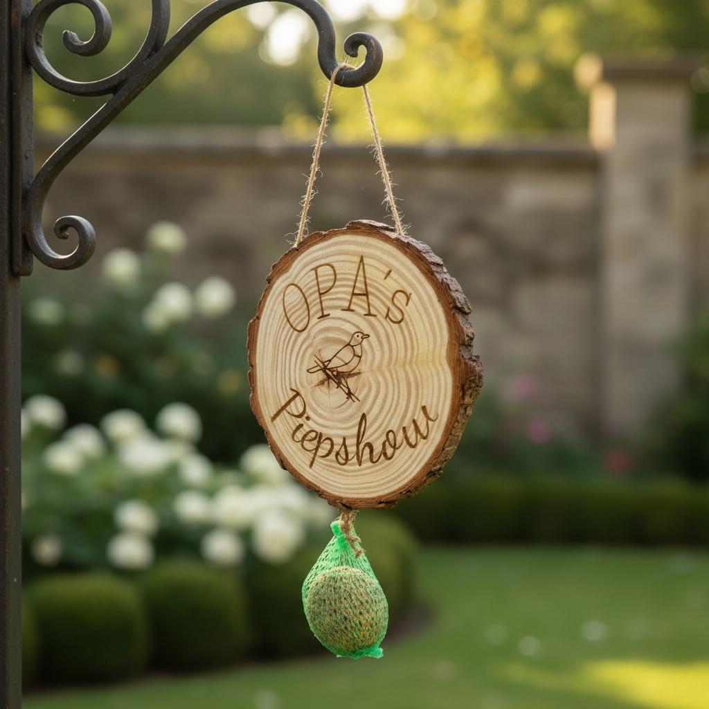 Baumscheibe Gravur Vogelfutterstation, Holz mit Meisenknödelhalter, 16-17 cm, DasGlueckswerk, Personalisierte Geschenk, Bird Feeders, 