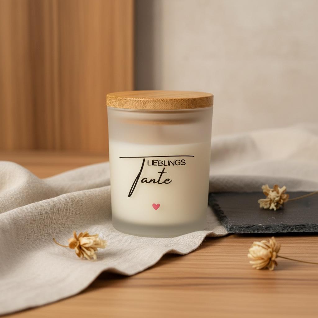 Kerze Lieblings Tante, Sojawachs Kerze im Milchglas mit rotem Herz, Geschenk Tante, DasGlueckswerk, Dekoration, Container Candles, Soya, glas, wachs, bambus