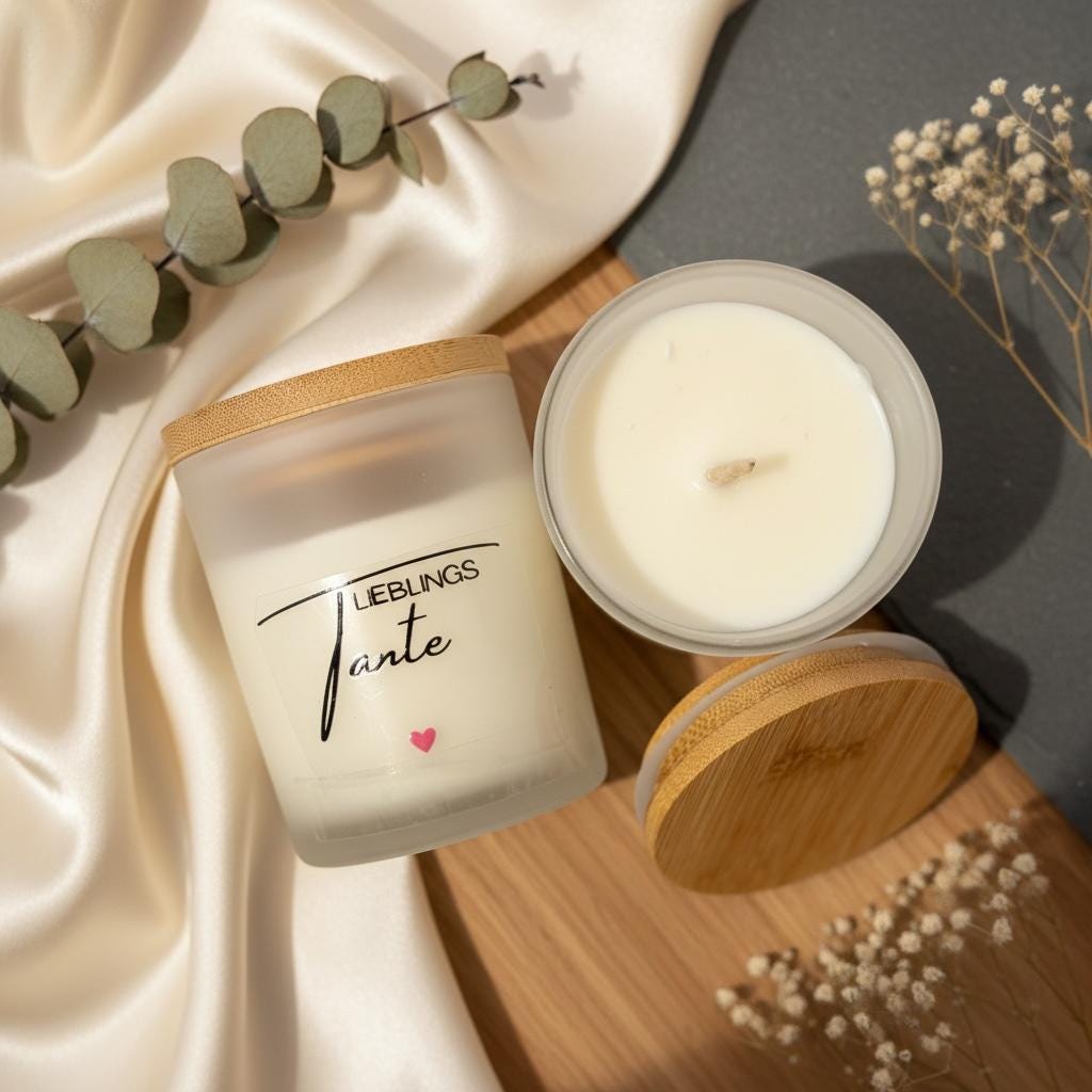Kerze Lieblings Tante, Sojawachs Kerze im Milchglas mit rotem Herz, Geschenk Tante, DasGlueckswerk, Dekoration, Container Candles, Soya, glas, wachs, bambus
