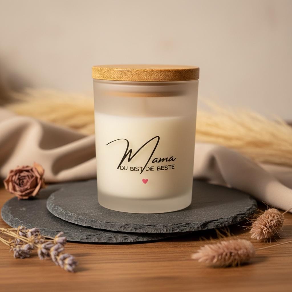 Mama Geschenk Kerze – Geschenk für Mama, Muttertagsgeschenk, Sojawachs Kerze im Glas, Kerze mit Spruch „Mama du bist die Beste“ rotes Herz Das Glückswerk