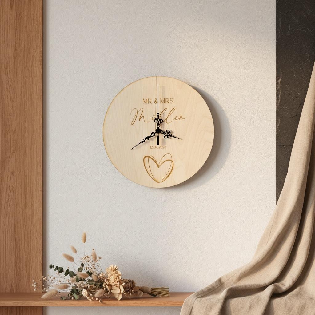 Personalisierte Hochzeitsuhr Mr & Mrs – Wanduhr aus Holz mit Namen + Datum, gravierte Hochzeitsuhr, Hochzeitsgeschenk für Brautpaar Das Glückswerk