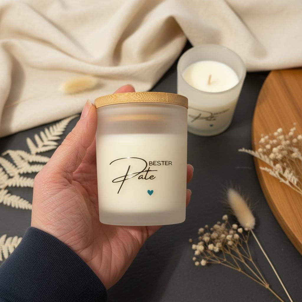Bester Pate Kerze – Geschenk für Pate, Sojawachs Kerze im Glas, Kerze mit Spruch „Bester Pate“ blaues Herz, Taufe & Geburtstag Das Glückswerk