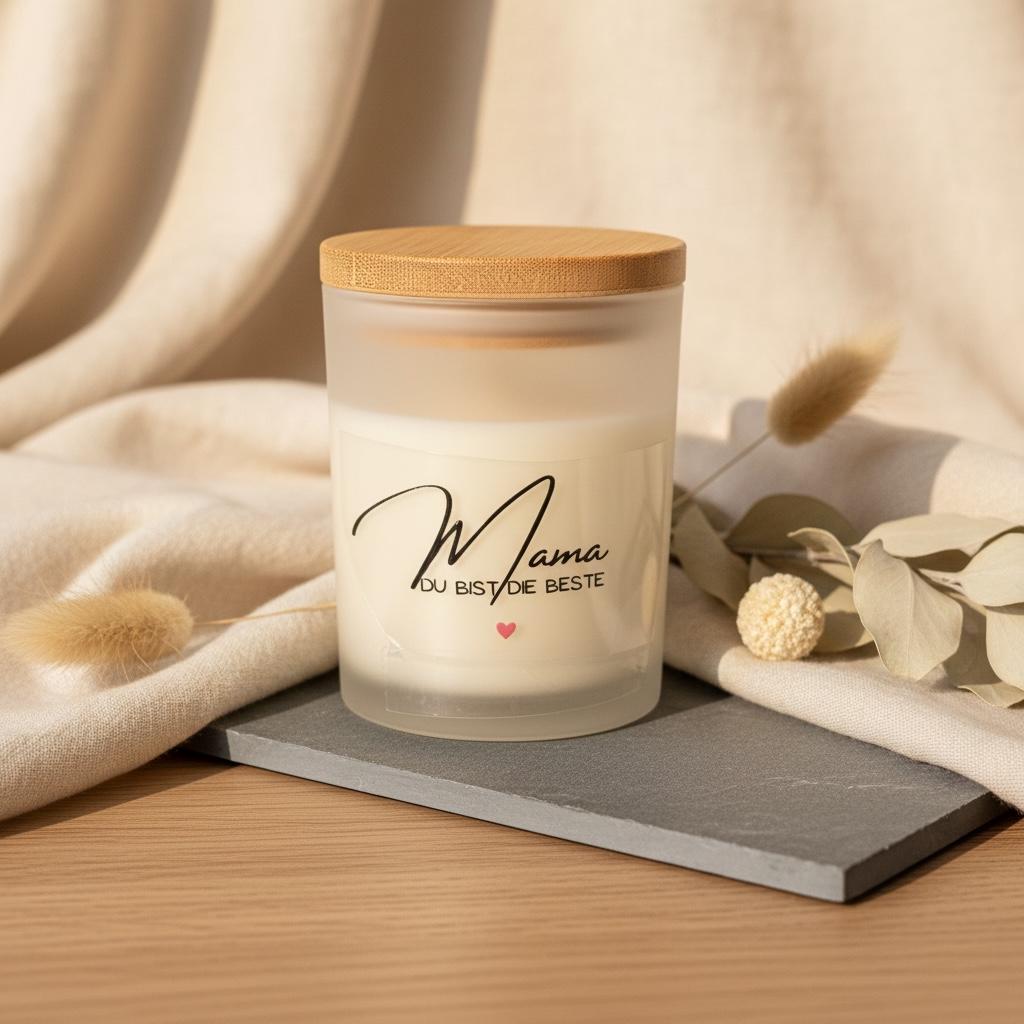 Mama Geschenk Kerze – Geschenk für Mama, Muttertagsgeschenk, Sojawachs Kerze im Glas, Kerze mit Spruch „Mama du bist die Beste“ rotes Herz Das Glückswerk