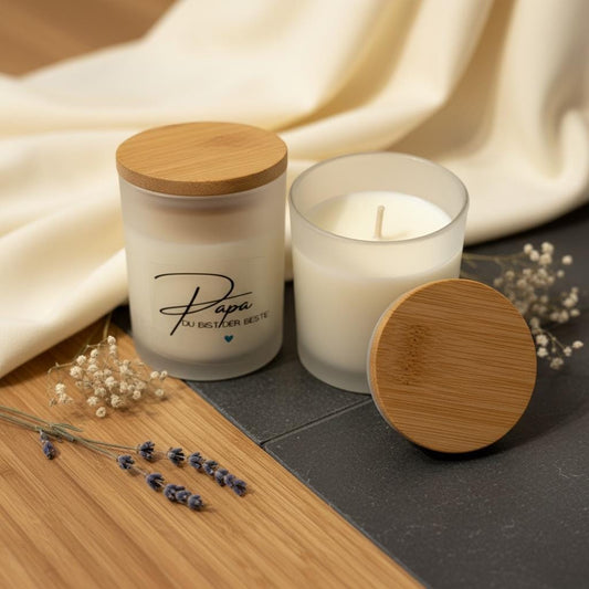 Papa Geschenk Kerze – Geschenk für Papa, Vatertagsgeschenk, Sojawachs Kerze im Glas, Kerze mit Spruch „Papa du bist der Beste“ blaues Herz Das Glückswerk