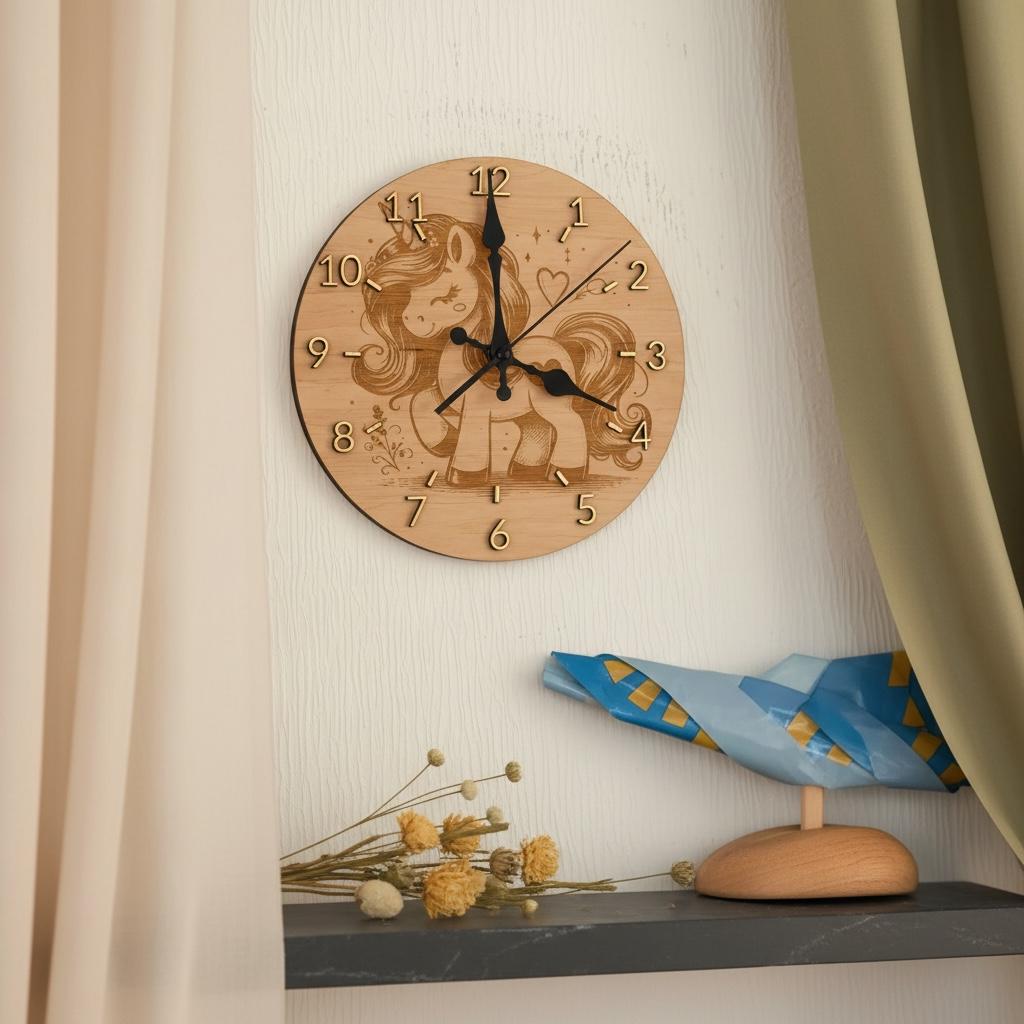 Einhorn Wanduhr aus Holz, Ø28 cm, Kinderzimmerdeko