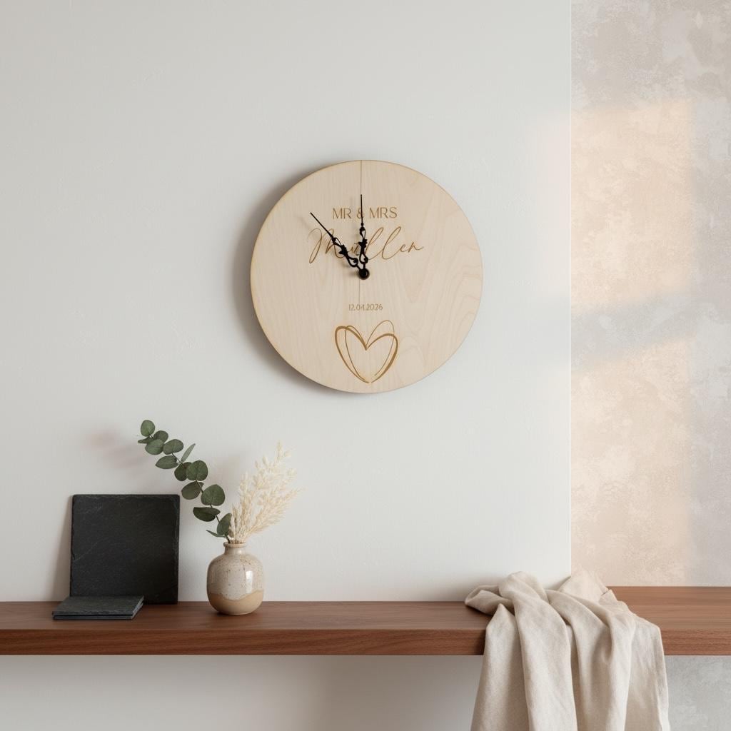 Personalisierte Hochzeitsuhr Mr & Mrs – Wanduhr aus Holz mit Namen + Datum, gravierte Hochzeitsuhr, Hochzeitsgeschenk für Brautpaar Das Glückswerk