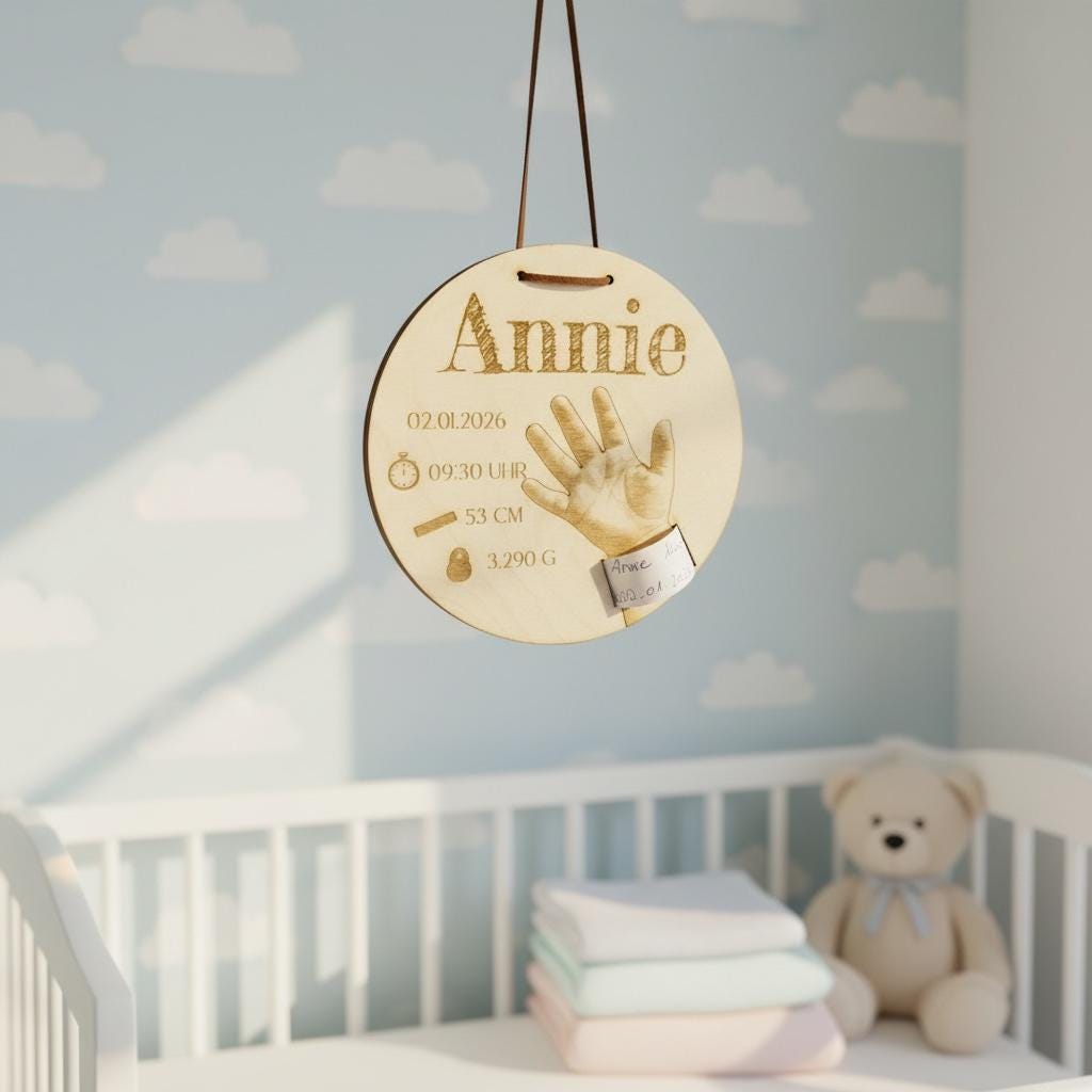 Geburtsarmband-Halter aus Holz über Babybett mit Teddybär hängend