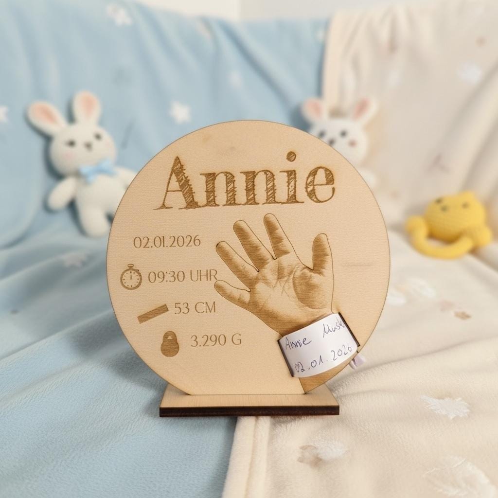 Geburtsarmband-Halter Holz mit Namensgravur vor blauem Kinderbett