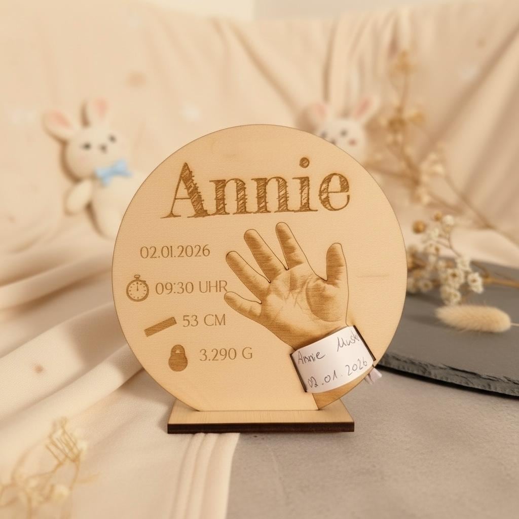 Geburtsarmband Halter Holz personalisiert – Geburtsdaten Baby Schild – Geburtsgeschenk Baby – Geburtsbandchen Erinnerung Babyzimmer Deko Das Glückswerk