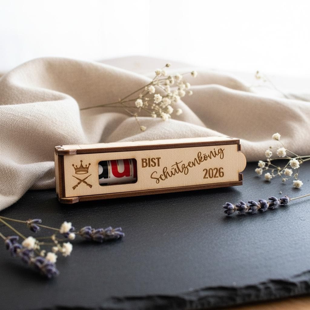 Schützenkönig Geschenk Holz – „Du bist Schützenkönig + Jahreszahl“ personalisiertes Snack Case, Schützenverein Gravur Geschenk Das Glückswerk