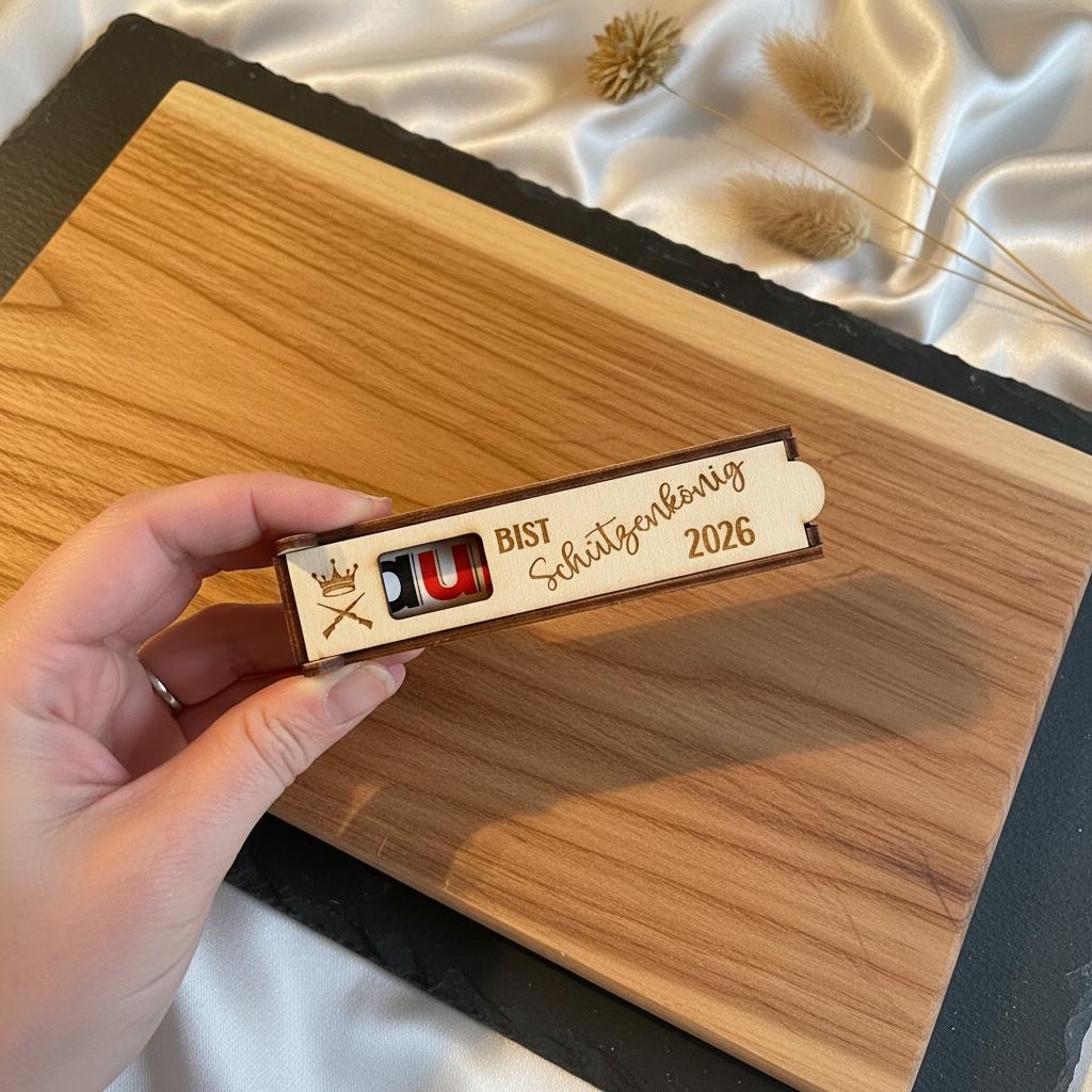 Schützenkönig Geschenk Holz – „Du bist Schützenkönig + Jahreszahl“ personalisiertes Snack Case, Schützenverein Gravur Geschenk Das Glückswerk