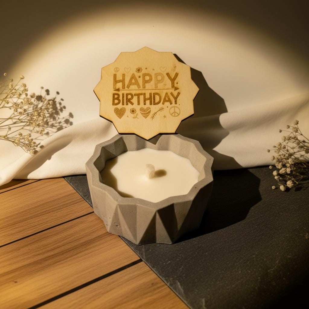 Betonkerze Gravur Happy Birthday, Geburtstagsgeschenk Rautenform Outdoor, DasGlueckswerk, Kerzen aus Beton, Container Candles, 