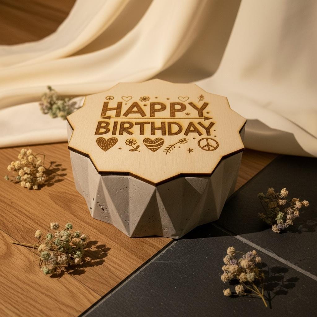 Betonkerze Gravur Happy Birthday, Geburtstagsgeschenk Rautenform Outdoor, DasGlueckswerk, Kerzen aus Beton, Container Candles, 