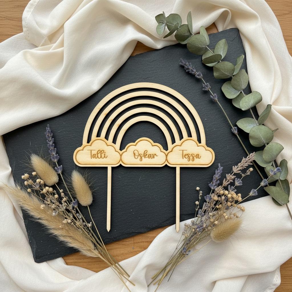 Cake Topper Regenbogen personalisiert | Tortendeko aus Holz oder Acryl | Geburtstag Taufe Hochzeit