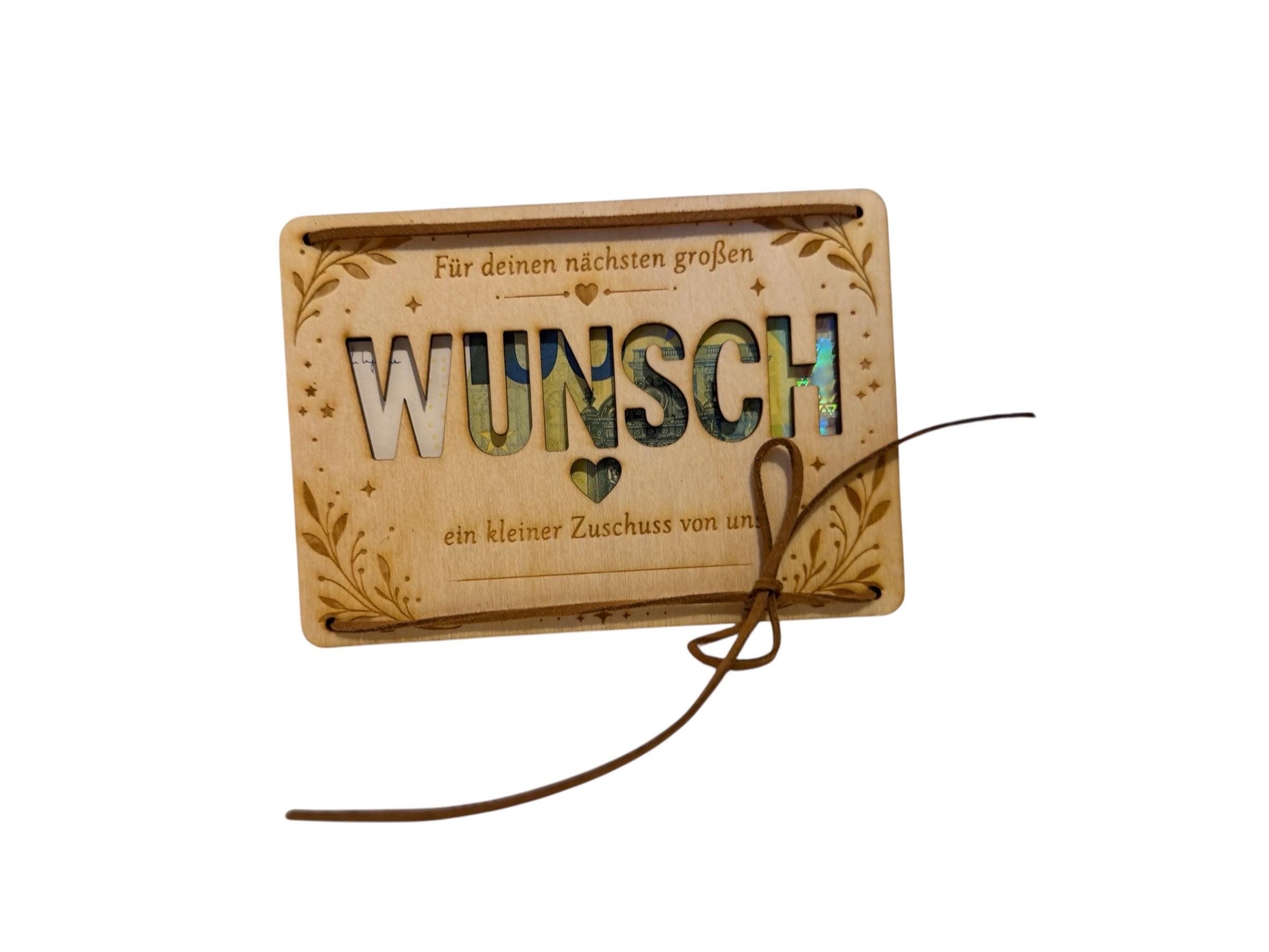 Geldgeschenk Karte aus Holz – „Großer Wunsch“ mit Sichtfenster & Lederband, DasGlueckswerk, Geburtstag, Greeting Cards, holz, leder
