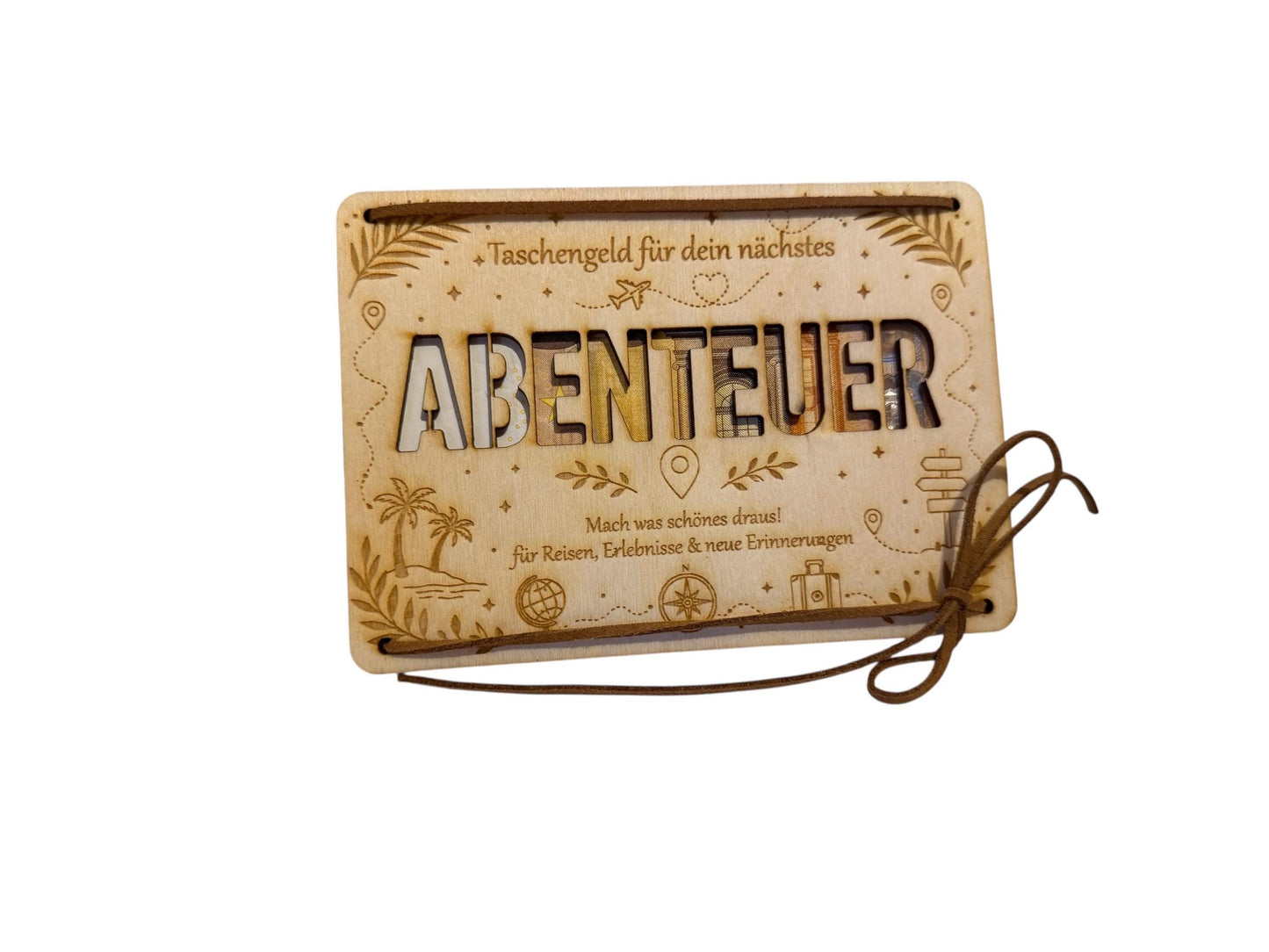 Geldgeschenk Karte aus Holz – „Taschengeld für dein nächstes Abenteuer“ mit Sichtfenster, DasGlueckswerk, Dekoration, Greeting Cards, holz, leder
