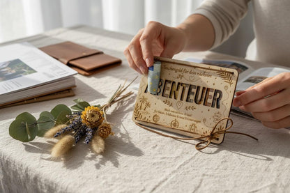 Geldgeschenk Karte aus Holz – „Taschengeld für dein nächstes Abenteuer“ mit Sichtfenster, DasGlueckswerk, Dekoration, Greeting Cards, holz, leder