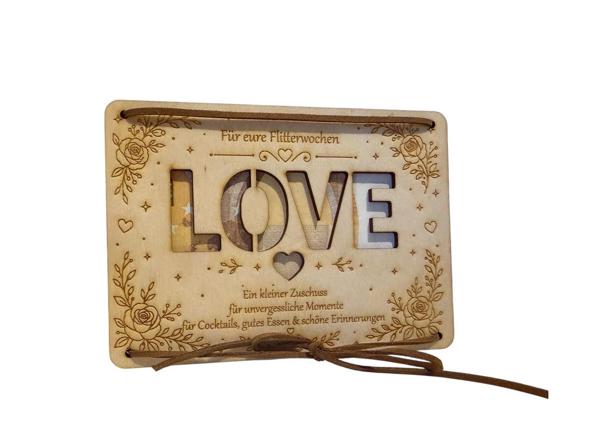 Geldgeschenk Hochzeit Holzkarte für Flitterwochen, LOVE Ausschnitt, Format A6, DasGlueckswerk, Hochzeit & Liebe, Greeting Cards, holz, leder
