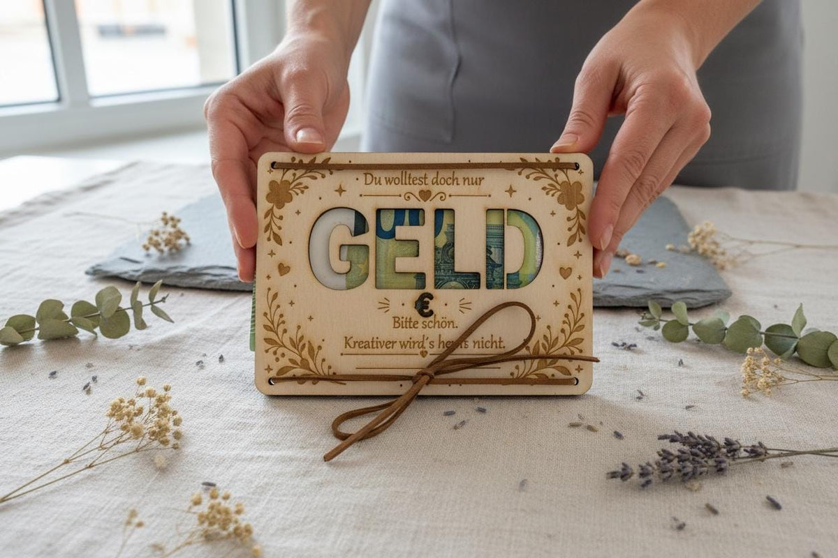Witziges Geldgeschenk – Holzkarte „Du wolltest doch nur Geld“ mit Geldschein-Ausschnitt, DasGlueckswerk, Geburtstag, Greeting Cards, holz, leder
