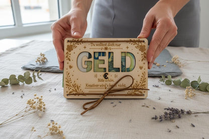 Witziges Geldgeschenk – Holzkarte „Du wolltest doch nur Geld“ mit Geldschein-Ausschnitt, DasGlueckswerk, Geburtstag, Greeting Cards, holz, leder