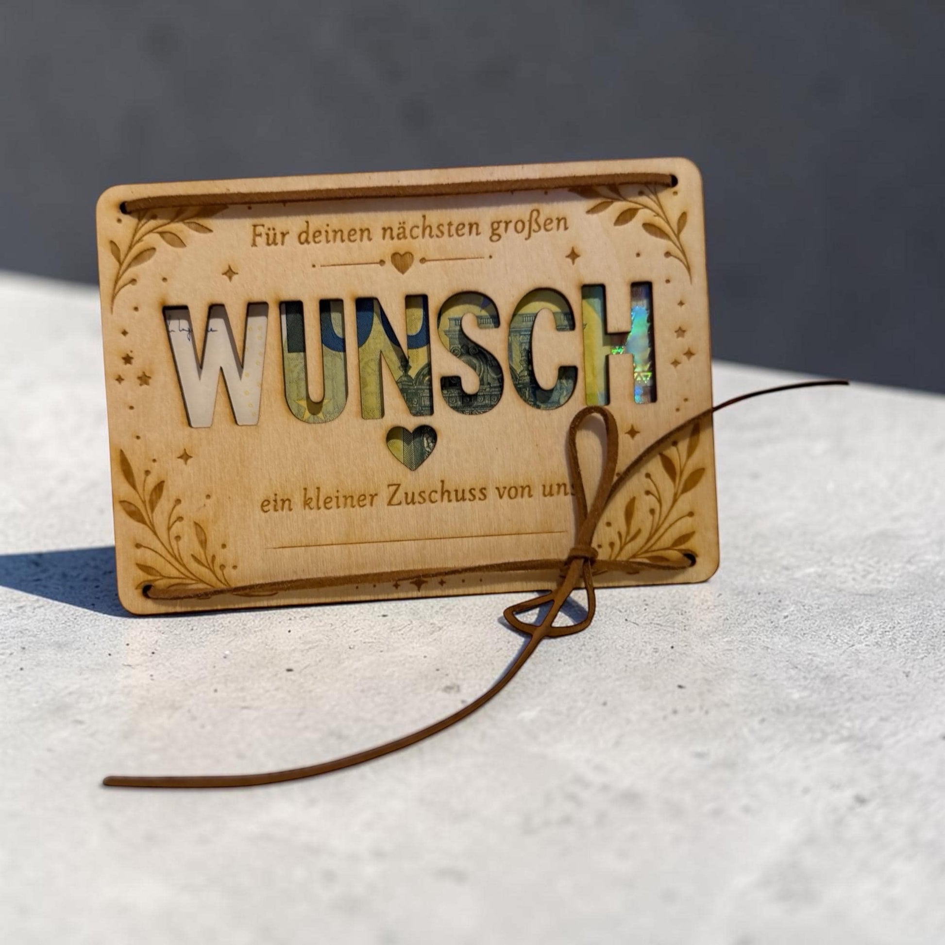 Geldgeschenk Karte aus Holz – „Großer Wunsch“ mit Sichtfenster & Lederband, DasGlueckswerk, Geburtstag, Greeting Cards, holz, leder