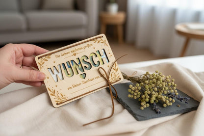 Geldgeschenk Karte aus Holz – „Großer Wunsch“ mit Sichtfenster & Lederband, DasGlueckswerk, Geburtstag, Greeting Cards, holz, leder