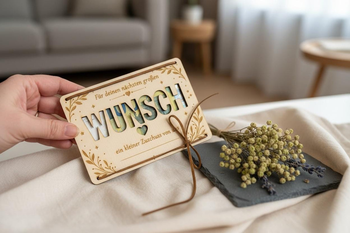 Geldgeschenk Karte aus Holz Großer Wunsch, Gesamtansicht Format A6