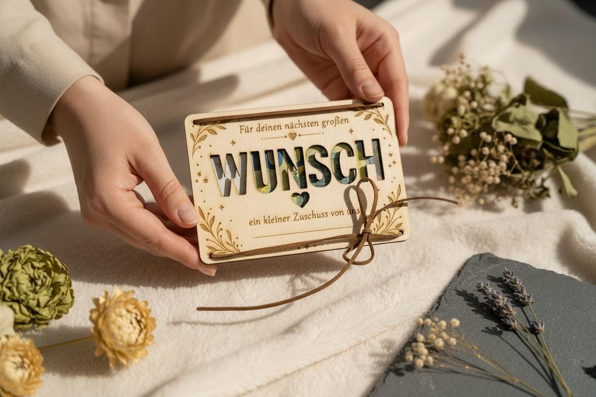 Geldgeschenk Karte aus Holz – „Großer Wunsch“ mit Sichtfenster & Lederband, DasGlueckswerk, Geburtstag, Greeting Cards, holz, leder