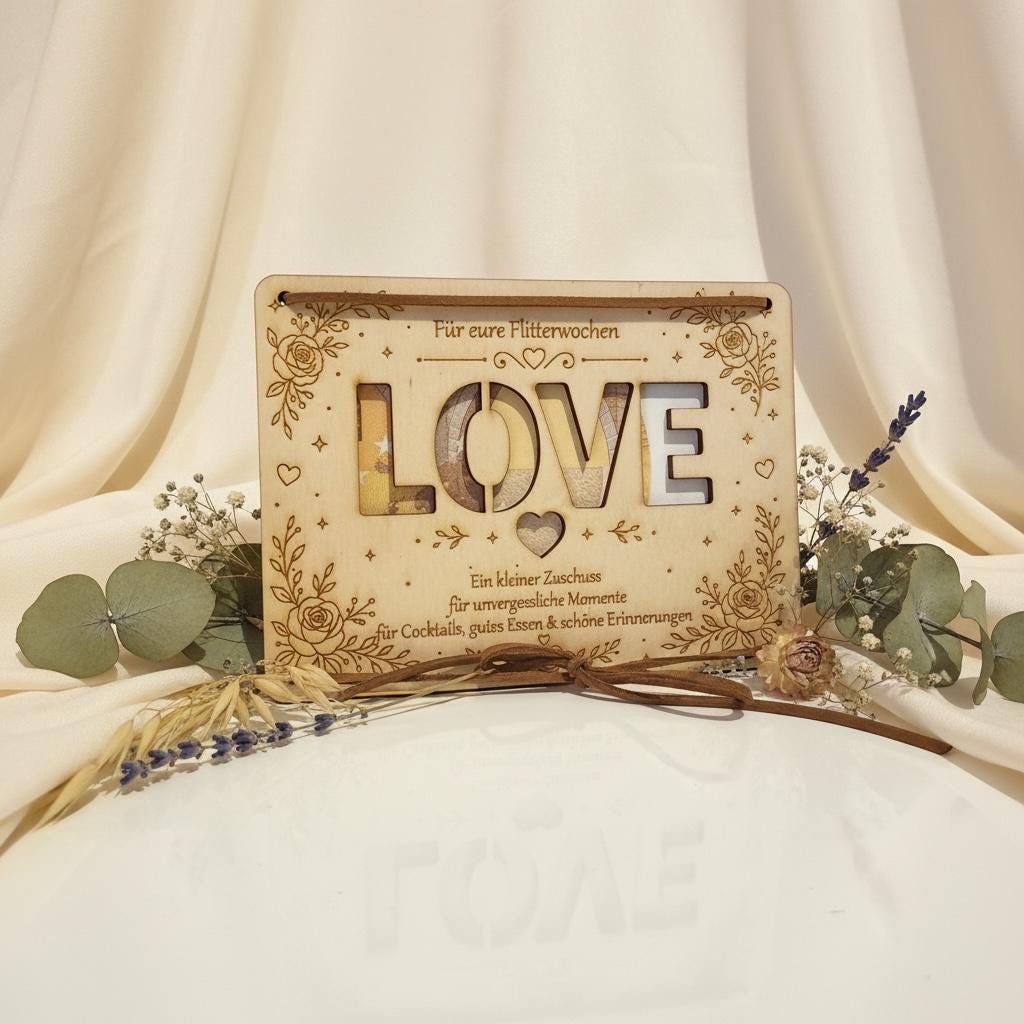 Geldgeschenk Hochzeit Holzkarte für Flitterwochen, LOVE Ausschnitt, Format A6, DasGlueckswerk, Hochzeit & Liebe, Greeting Cards, holz, leder