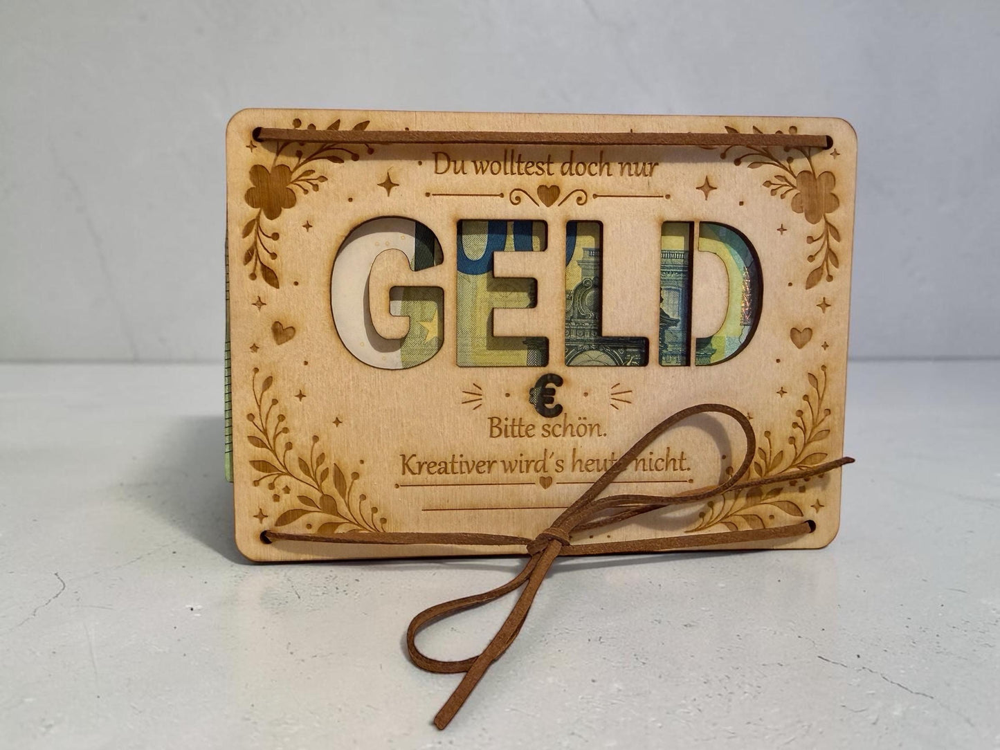 Witziges Geldgeschenk – Holzkarte „Du wolltest doch nur Geld“ mit Geldschein-Ausschnitt, DasGlueckswerk, Geburtstag, Greeting Cards, holz, leder