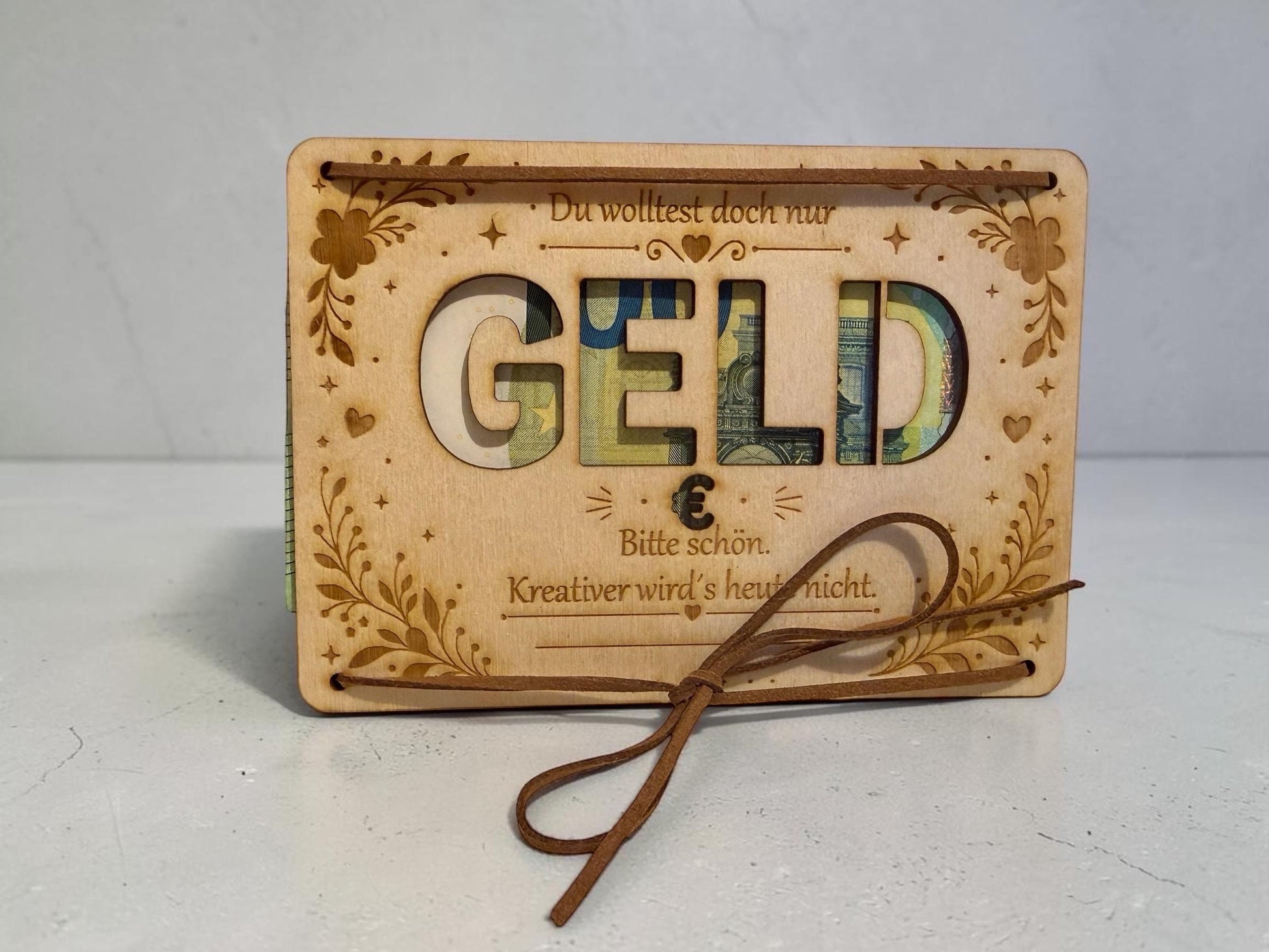 Witziges Geldgeschenk – Holzkarte „Du wolltest doch nur Geld“ mit Geldschein-Ausschnitt, DasGlueckswerk, Geburtstag, Greeting Cards, holz, leder