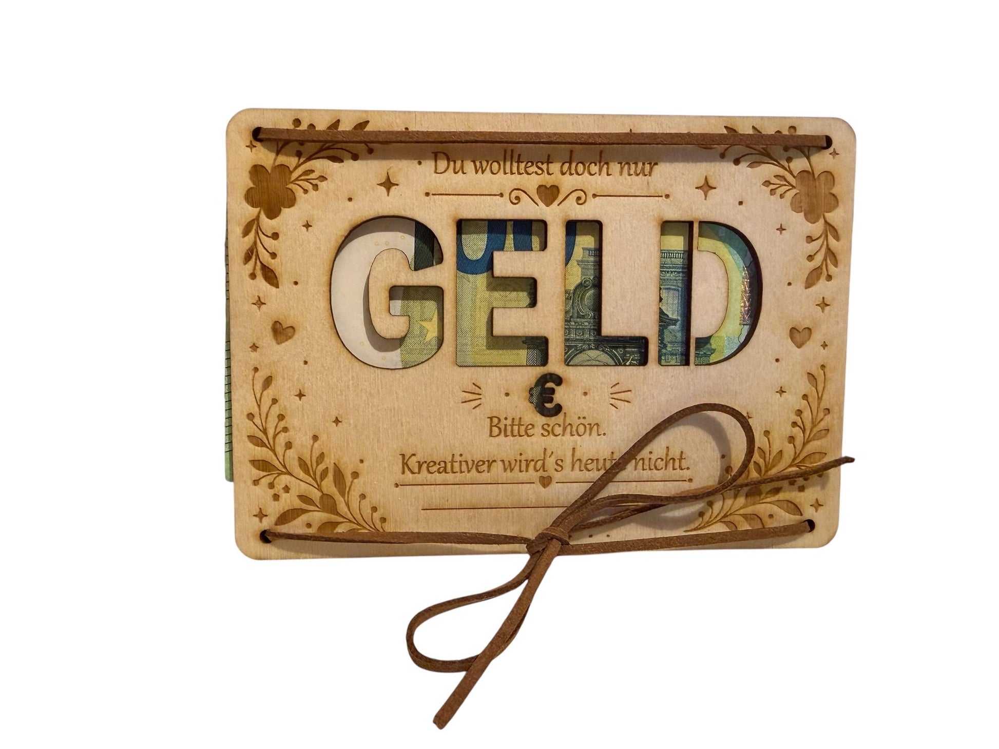 Witziges Geldgeschenk – Holzkarte „Du wolltest doch nur Geld“ mit Geldschein-Ausschnitt, DasGlueckswerk, Geburtstag, Greeting Cards, holz, leder