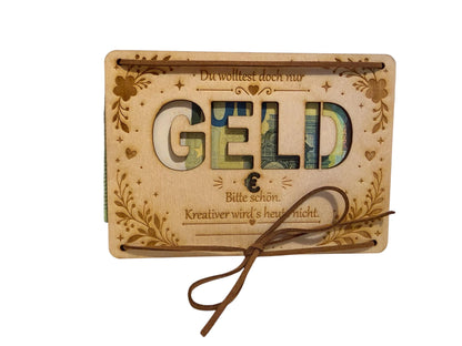 Witziges Geldgeschenk – Holzkarte „Du wolltest doch nur Geld“ mit Geldschein-Ausschnitt, DasGlueckswerk, Geburtstag, Greeting Cards, holz, leder