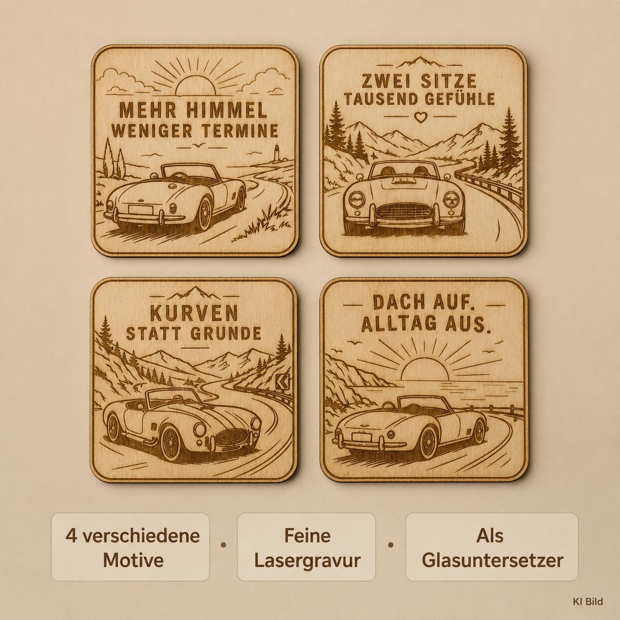 Auto-Untersetzer aus Holz, lasergraviertes Roadster Set, Geschenk für Cabriofahrer und Oldtimer Fans, DasGlueckswerk, Geschenke für Autofahrer, Coasters, 
