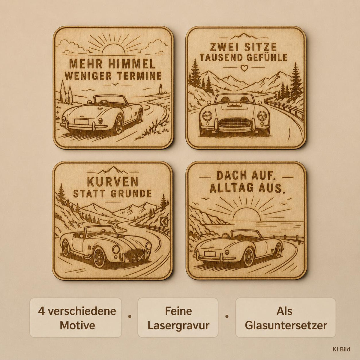 Auto-Untersetzer aus Holz, lasergraviertes Roadster Set, Geschenk für Cabriofahrer und Oldtimer Fans, DasGlueckswerk, Geschenke für Autofahrer, Coasters, 