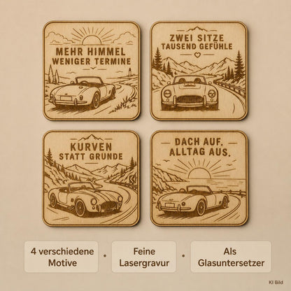 Auto-Untersetzer aus Holz, lasergraviertes Roadster Set, Geschenk für Cabriofahrer und Oldtimer Fans, DasGlueckswerk, Geschenke für Autofahrer, Coasters, 