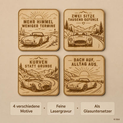 Auto-Untersetzer aus Holz, lasergraviertes Roadster Set, Geschenk für Cabriofahrer und Oldtimer Fans – Detailansicht