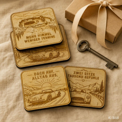 Auto-Untersetzer aus Holz, lasergraviertes Roadster Set, Geschenk für Cabriofahrer und Oldtimer Fans, DasGlueckswerk, Geschenke für Autofahrer, Coasters, 